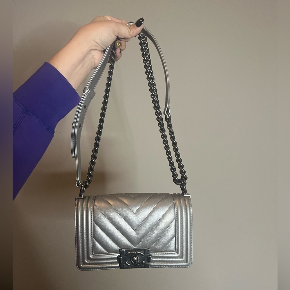 Chanel Metallic Silver Caviar Chevron Boy Bag